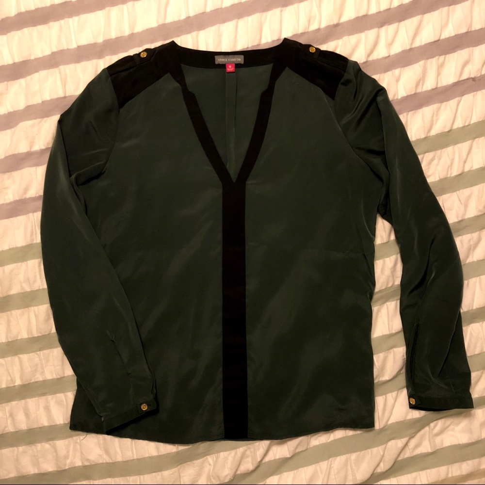 Vince Camuto dark green faux silk blouse